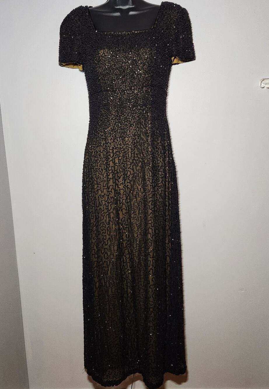 Vtg Lillie Rubin Silk Fully Beaded Black and Gold Formal Evening Gown Size M